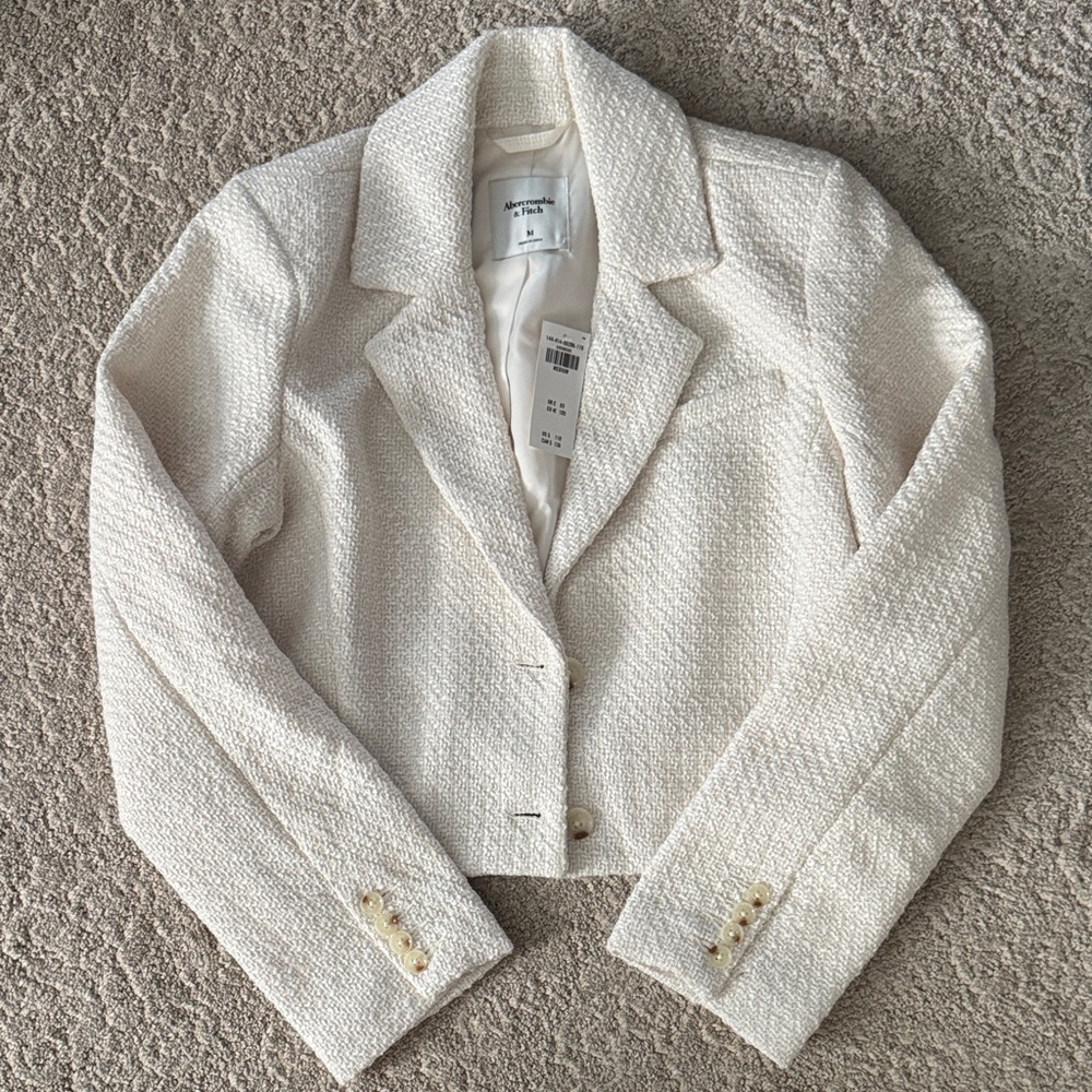 NWT Abercrombie & Fitch Ivory Tweed Blazer with Button Accents
